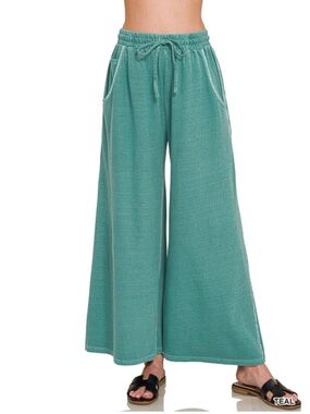 Zenana Teal Cotton Washed French Terry Wide Leg Pants S M L